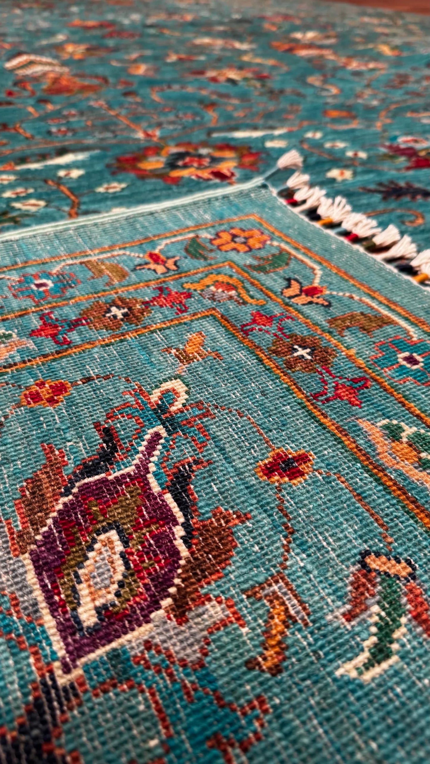 Binbirgece Original Hand Woven Turquoise Vegetable Dyed Wool Carpet