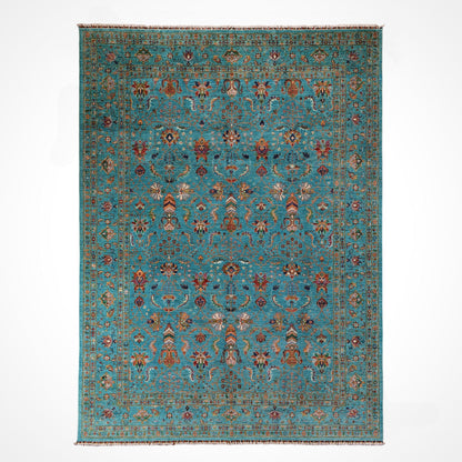 Binbirgece Original Hand Woven Turquoise Vegetable Dyed Wool Carpet