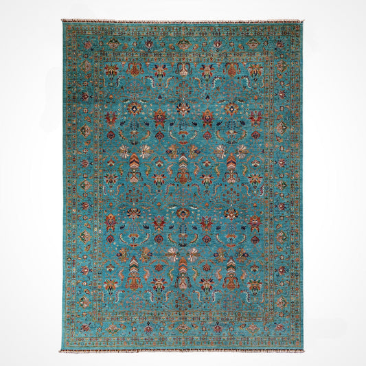 Binbirgece Original Hand Woven Turquoise Vegetable Dyed Wool Carpet