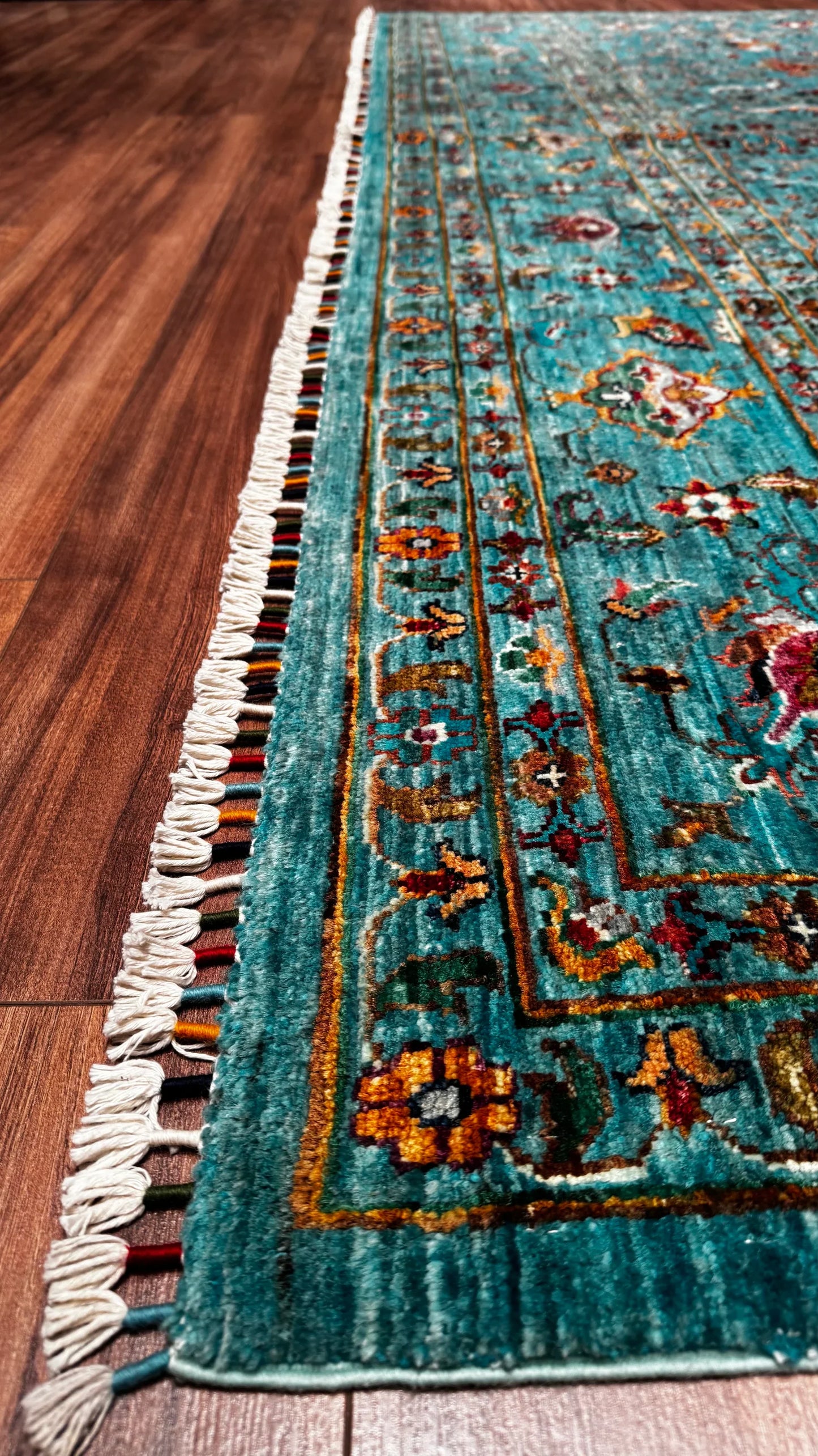 Binbirgece Original Hand Woven Turquoise Vegetable Dyed Wool Carpet