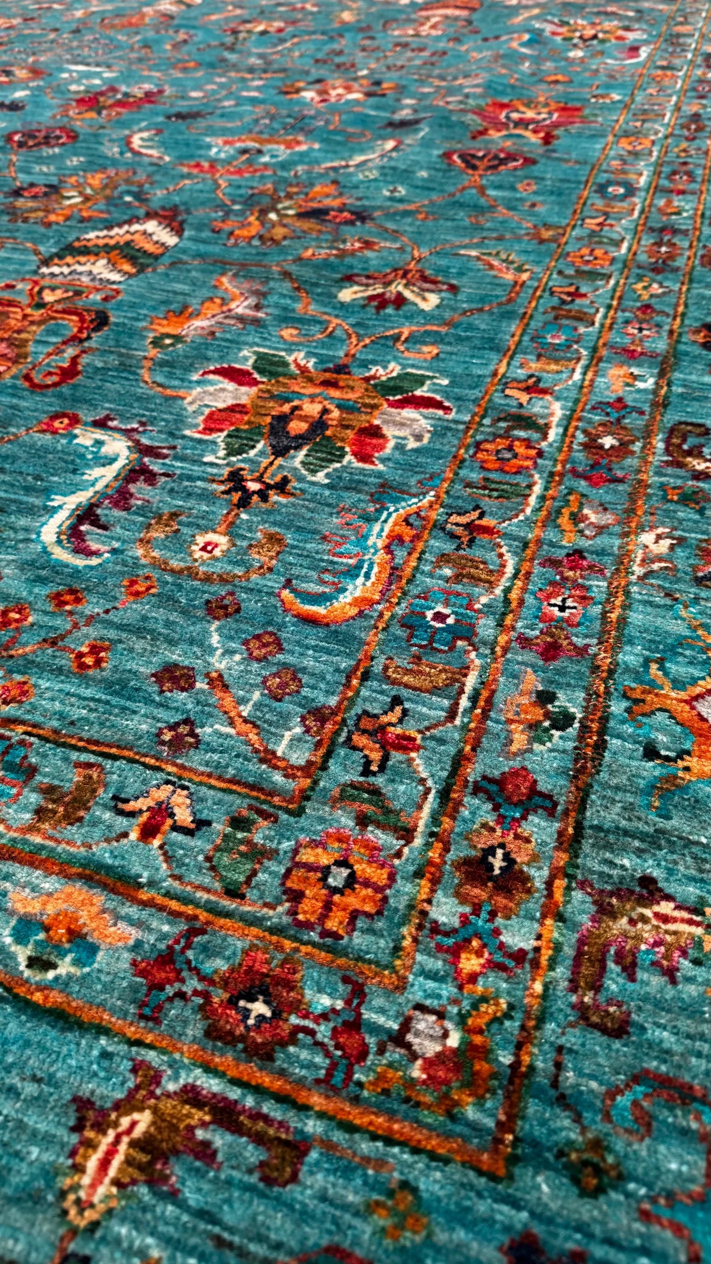 Binbirgece Original Hand Woven Turquoise Vegetable Dyed Wool Carpet