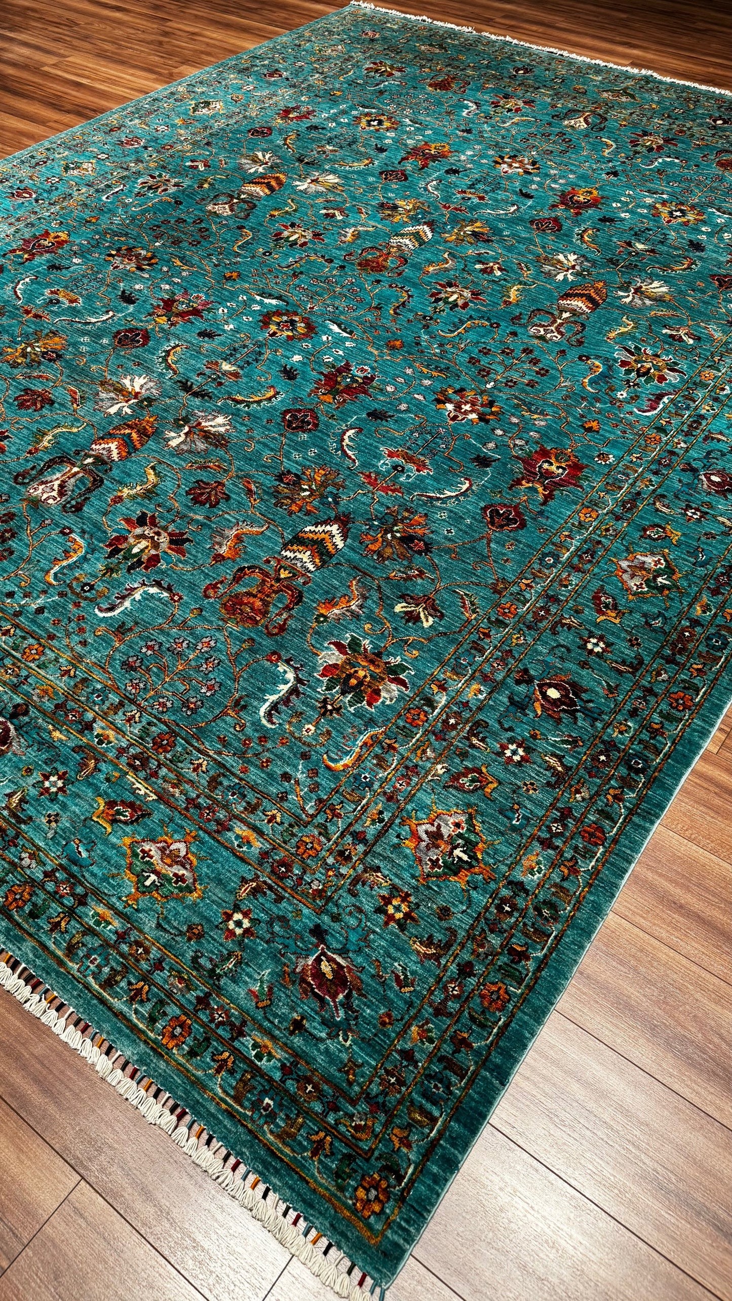 Binbirgece Original Hand Woven Turquoise Vegetable Dyed Wool Carpet