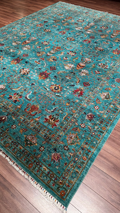Binbirgece Original Hand Woven Turquoise Vegetable Dyed Wool Carpet