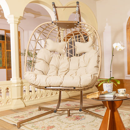 Double Patio Rattan Swing Egg Chair With Stand Rain Cover Included