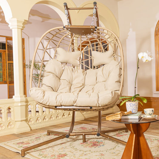 Double Patio Rattan Swing Egg Chair With Stand Rain Cover Included